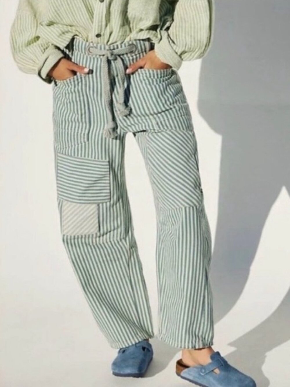 We The Free Green Stripe Patchwork Wide Leg Jeans